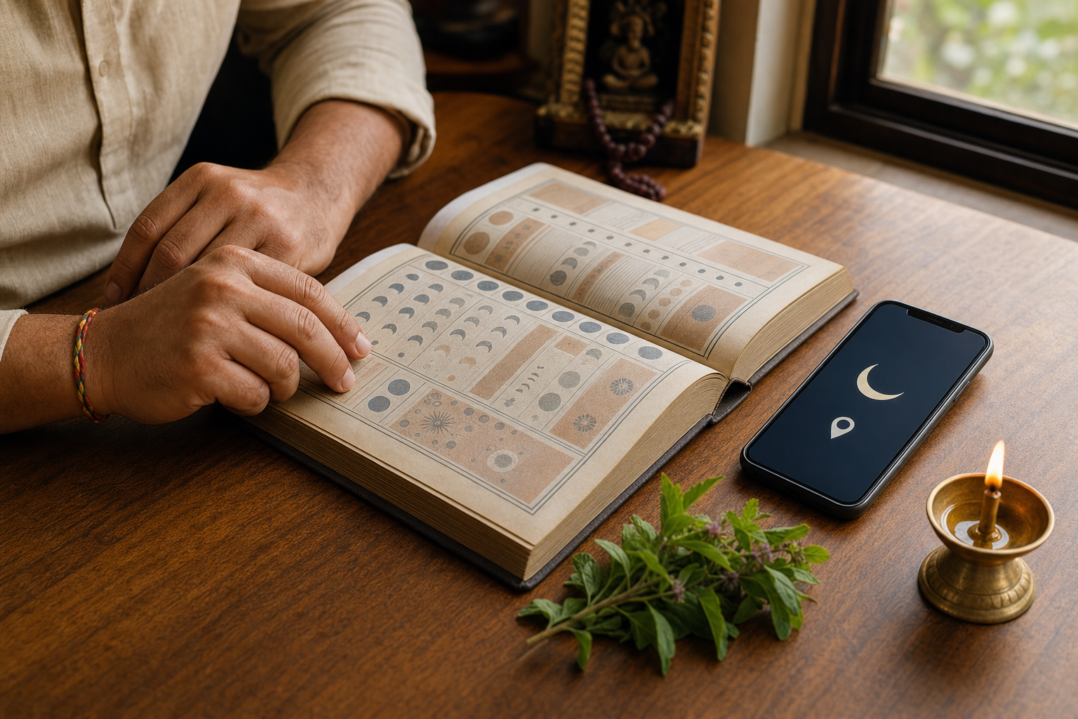 Hands compare an open traditional calendar and a phone beside a clay lamp and tulsi sprig, illustrating a local tithi check.