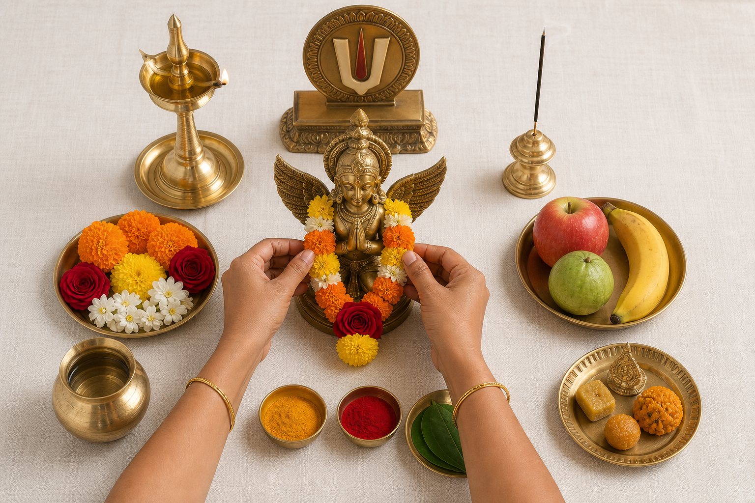Hands arrange flowers around a brass Garuda figure, lamp, fruit, leaves, water vessel, and offering dishes on a clean cloth.