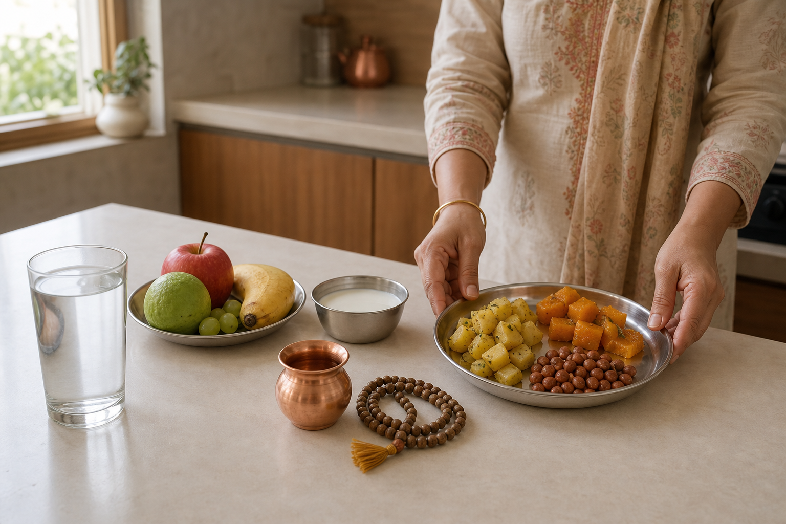 A kitchen table holds water, fruit and milk, a simple non-grain meal, prayer beads, and a copper cup as a householder prepares for an Ekadashi vrat.