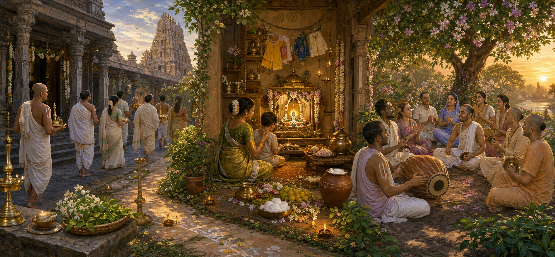 Panoramic illustration of devotees worshipping in a South Indian Vishnu temple, preparing offerings in a Braj-inspired child Krishna shrine, and singing Radha-Krishna kirtan beneath flowering trees.