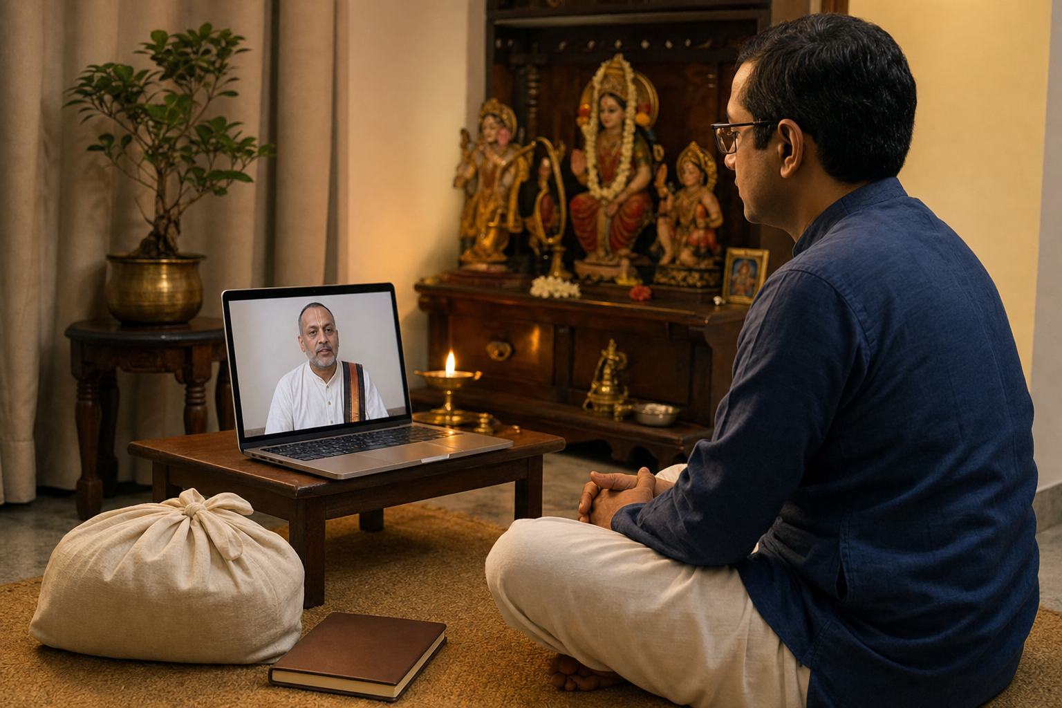 A practitioner at home consults an acharya by video before unpacking a bundle of ritual materials.