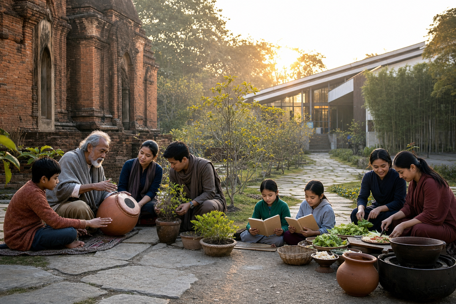 An elder teaches younger people devotional music, gardening, cooking and study in a temple garden at sunrise.