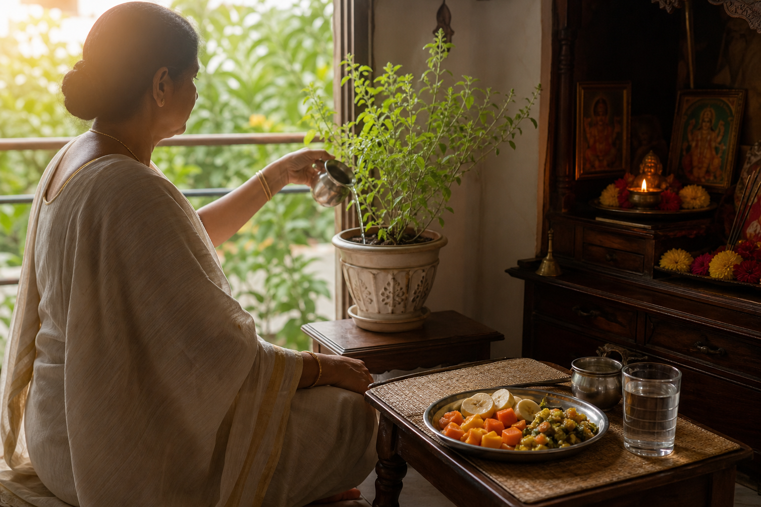 A devotee waters a tulsi plant near a home shrine while a simple Dwadashi breakfast waits on a low table.