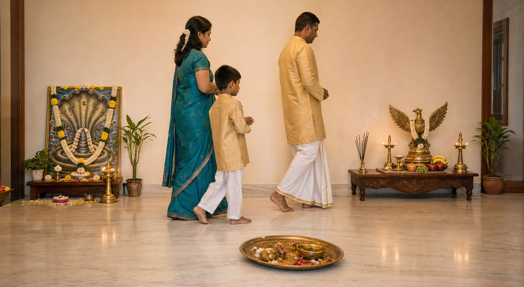 A family observes at two separate worship stations, one arranged for Naga Panchami and the other for Garuda Panchami.