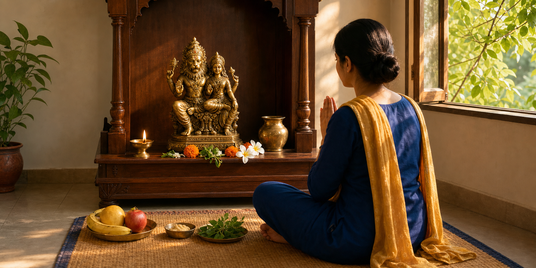 A devotee sits before a simple home altar with a brass image of Lakshmi Narasimha, an oil lamp, tulsi leaves, flowers, water, fruit, and sandalwood paste.