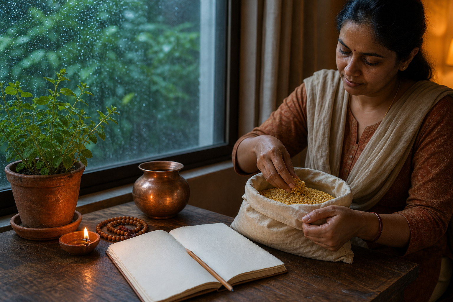 A devotee sorts lentils into a cloth donation bag beside a tulsi plant, prayer beads, a lamp, a copper vessel, and a blank notebook on a rainy evening.