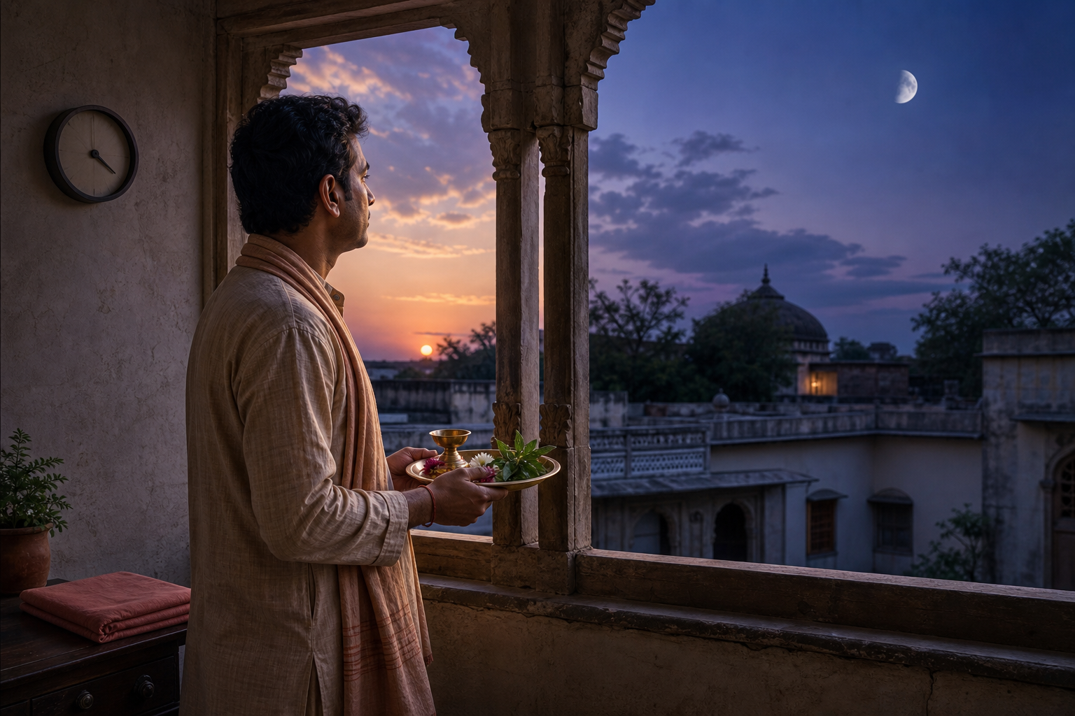 A householder holding a puja tray watches the setting sun and pale moon from a home courtyard, with a clock and cloth-wrapped almanac nearby.