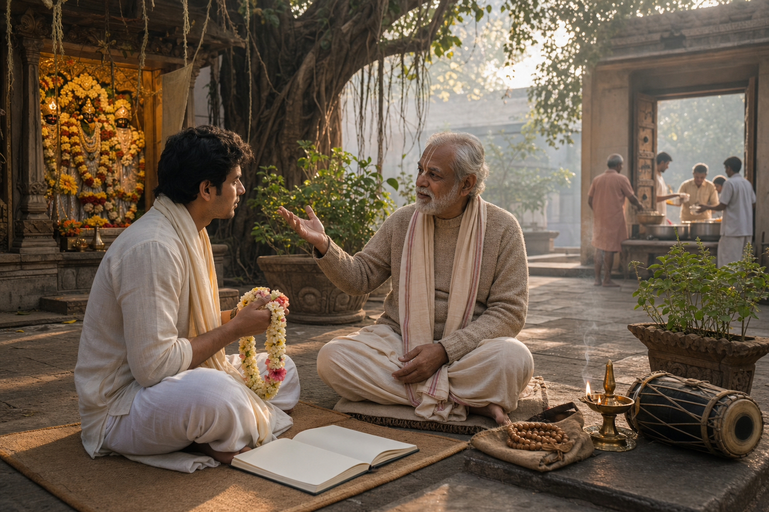 A seeker and Vaishnava teacher sit in a temple courtyard surrounded by a shrine, devotional offerings, prayer instruments, and volunteers serving food.