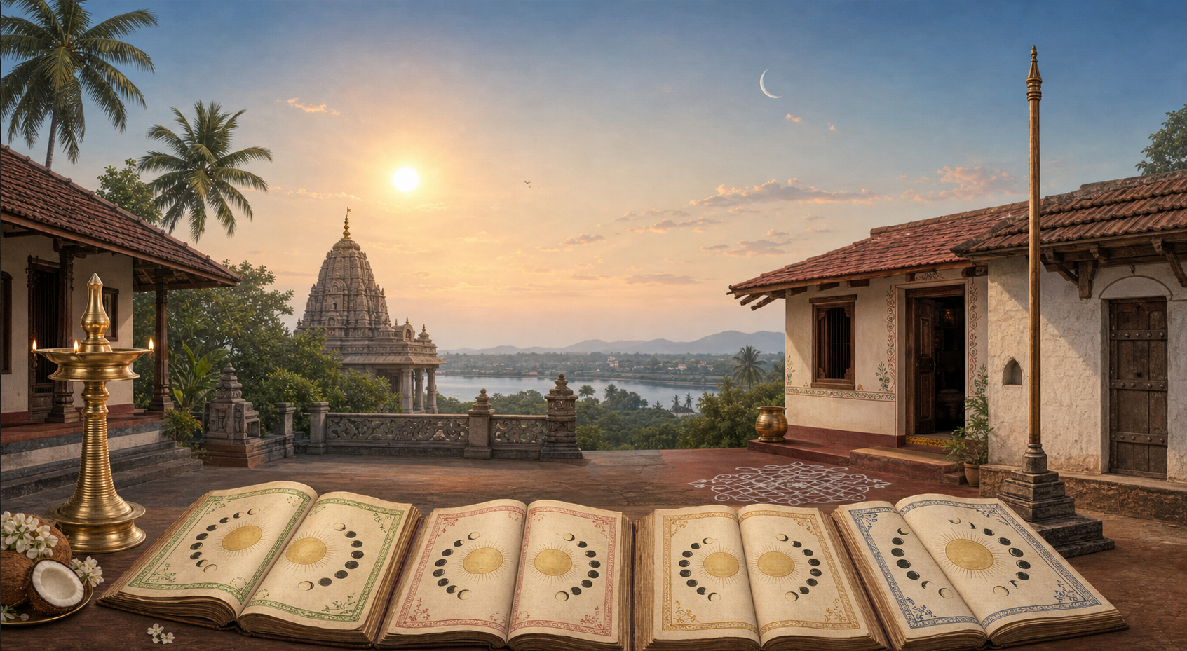 Four regional Indian settings share one sky with the Sun and Moon, while differently decorated almanac folios lie open in the foreground.