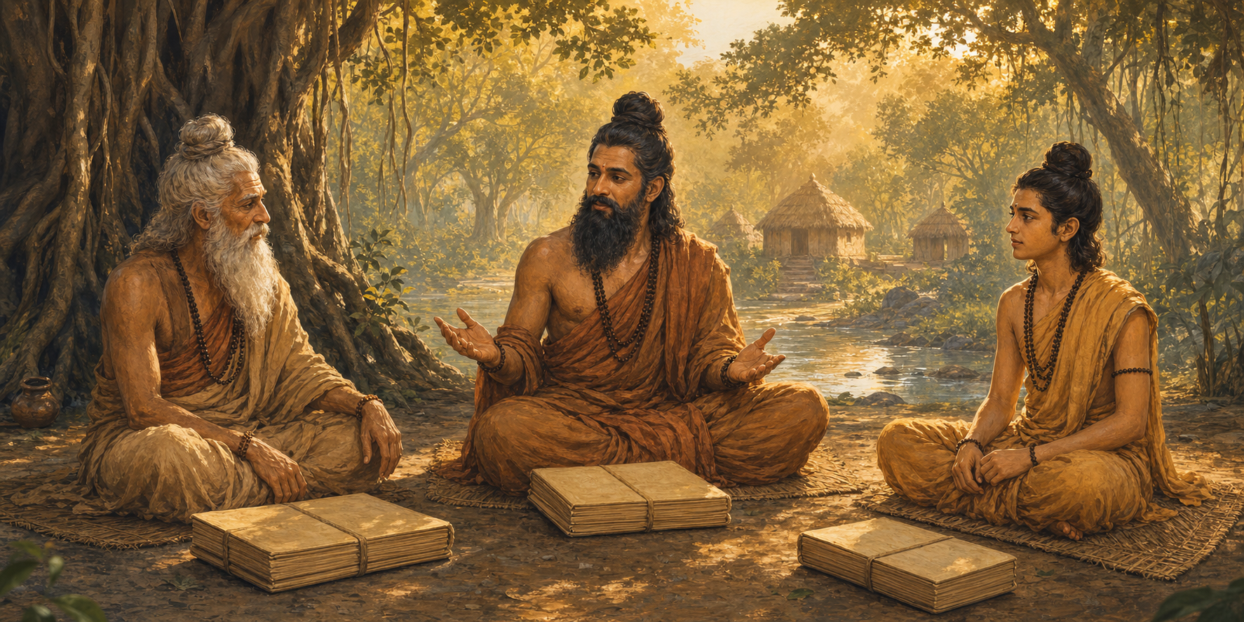 Parashara, Veda Vyasa, and Shukadeva sit together beside a river in a forest hermitage, representing three generations of the Puranic family lineage.