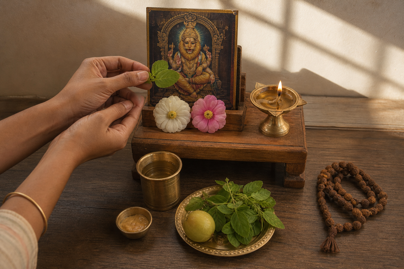 A devotee offers a tulsi leaf during a simple home puja with a Narasimha image, lamp, water, sandalwood paste, flowers, fruit, and prayer beads.