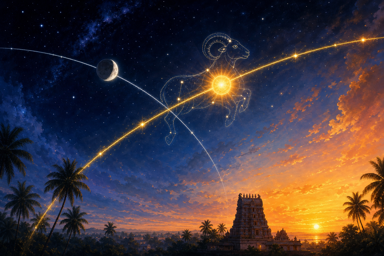 The Sun crosses a starry ram-shaped gateway on one celestial path while the Moon follows a separate orbit above a South Indian sunrise.