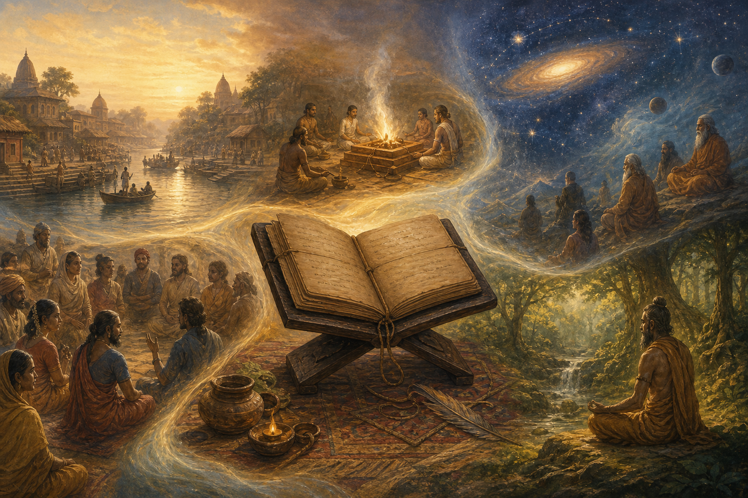 An open palm-leaf manuscript surrounded by five paths leading toward a settlement, a fire ritual, a cosmic sky, a human gathering and a forest meditation scene.