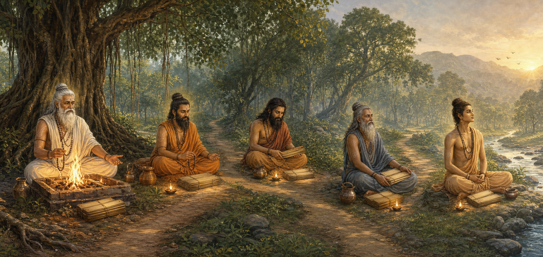 Five sages representing Vasistha, Shakti, Parashara, Veda Vyasa, and Shukadeva appear in succession along a forest path.