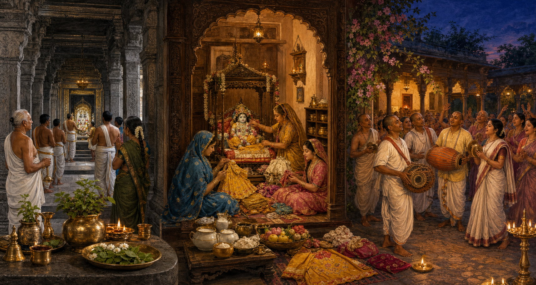 Three adjoining scenes show reverent worship in a South Indian Vishnu temple, attentive offerings in a Braj-style child Krishna shrine, and communal Radha-Krishna kirtan in a Bengali courtyard.