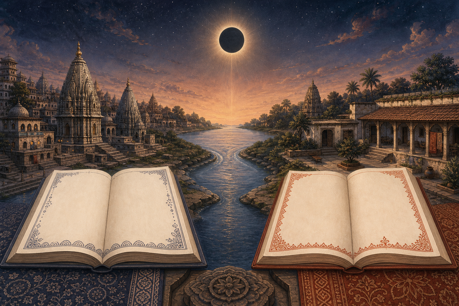 A single dark-moon conjunction appears above two Indian regional settings, each with a differently decorated open almanac.