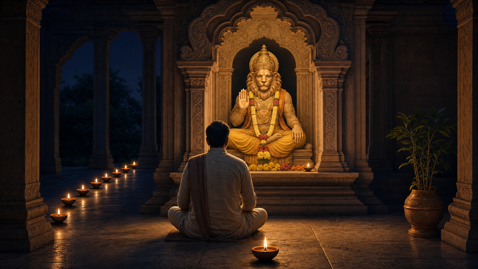 A calm devotee meditates before a protective Narasimha shrine while nine small clay lamps glow in the darkened room.