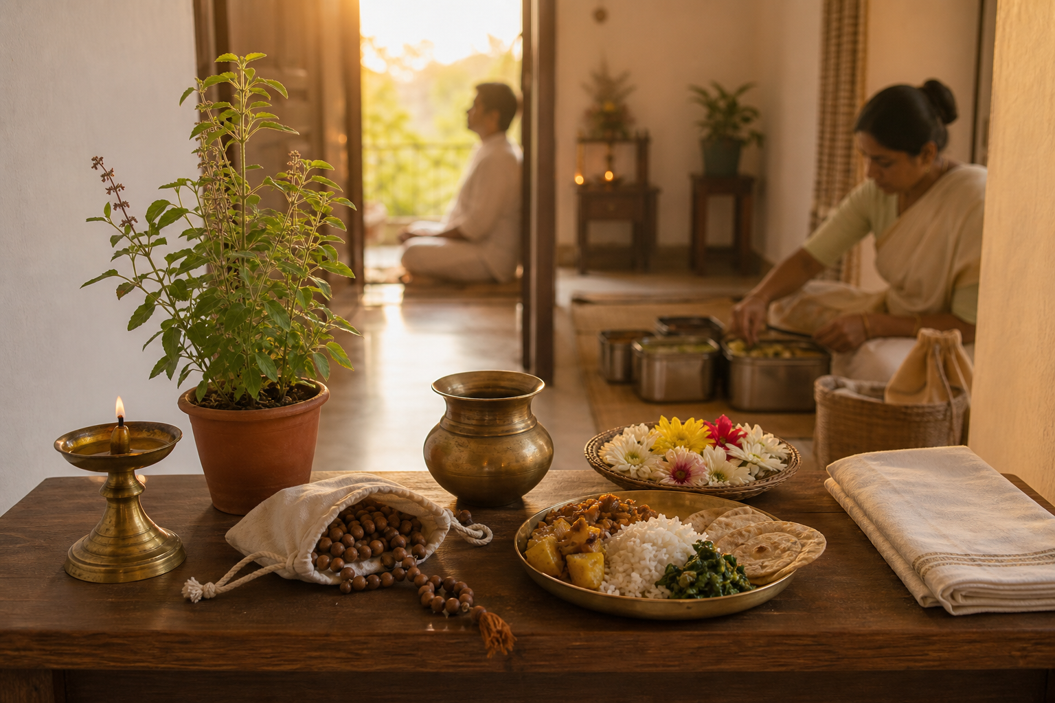 A home prayer shelf holds an oil lamp, tulsi plant, prayer beads, flowers, water, and an offering while people pray and prepare meals for service in the background.