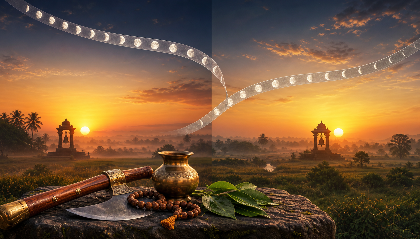 A lunar-phase ribbon crosses between two sunrise scenes beside a ceremonial axe, water pot, prayer beads, and leaves on a stone platform.