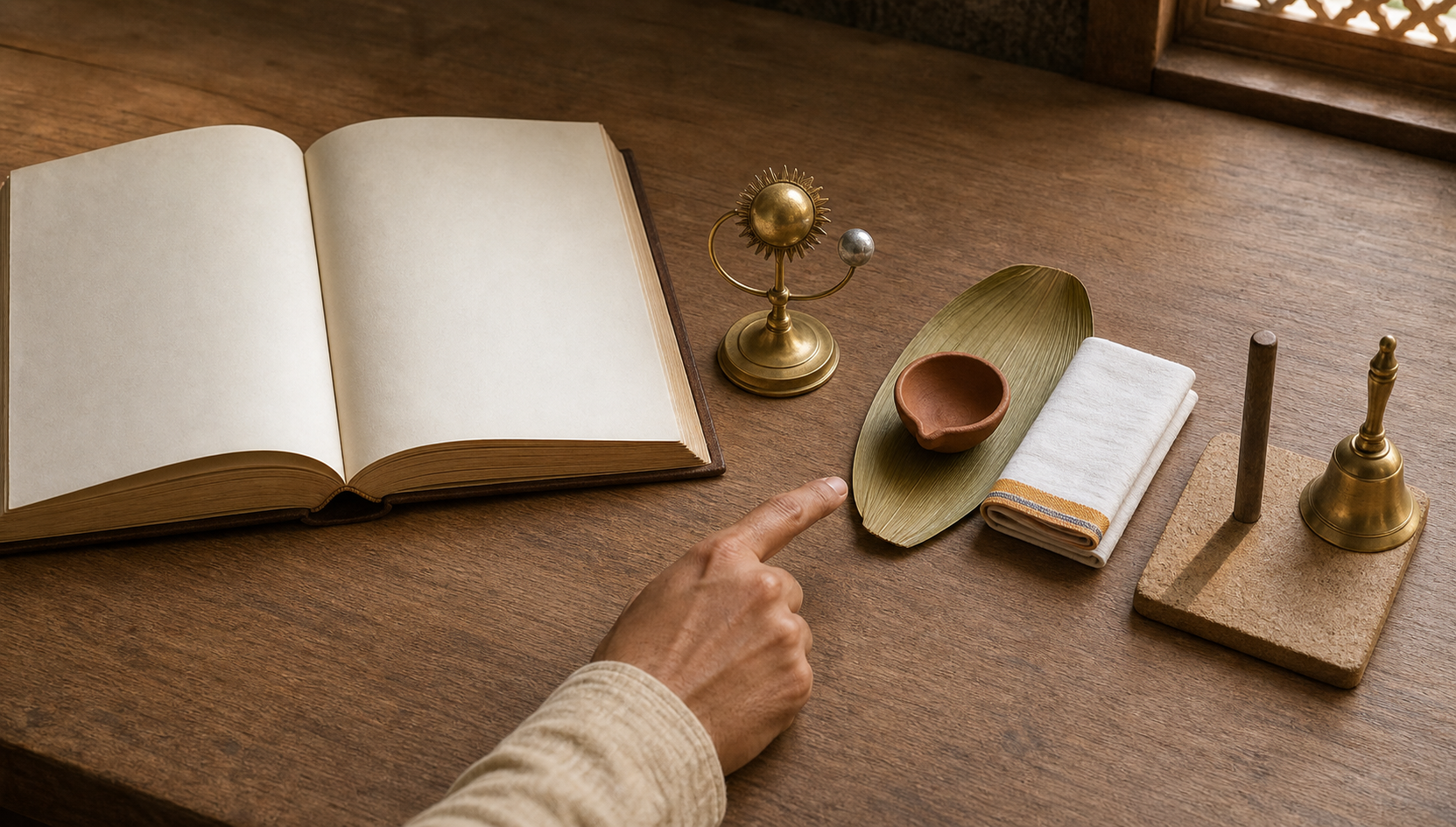 An open almanac sits beside Sun and Moon models, regional objects, and a sunrise marker as a hand follows the sequence across the desk.