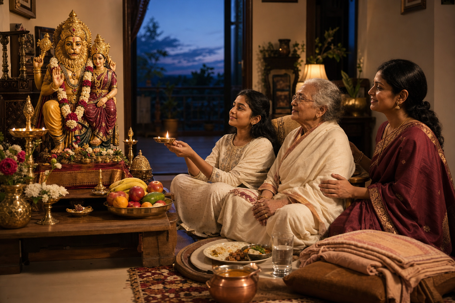 Three generations of a family perform a modest dusk aarti before a Lakshmi Narasimha altar, with water, fruit, and a light meal nearby.