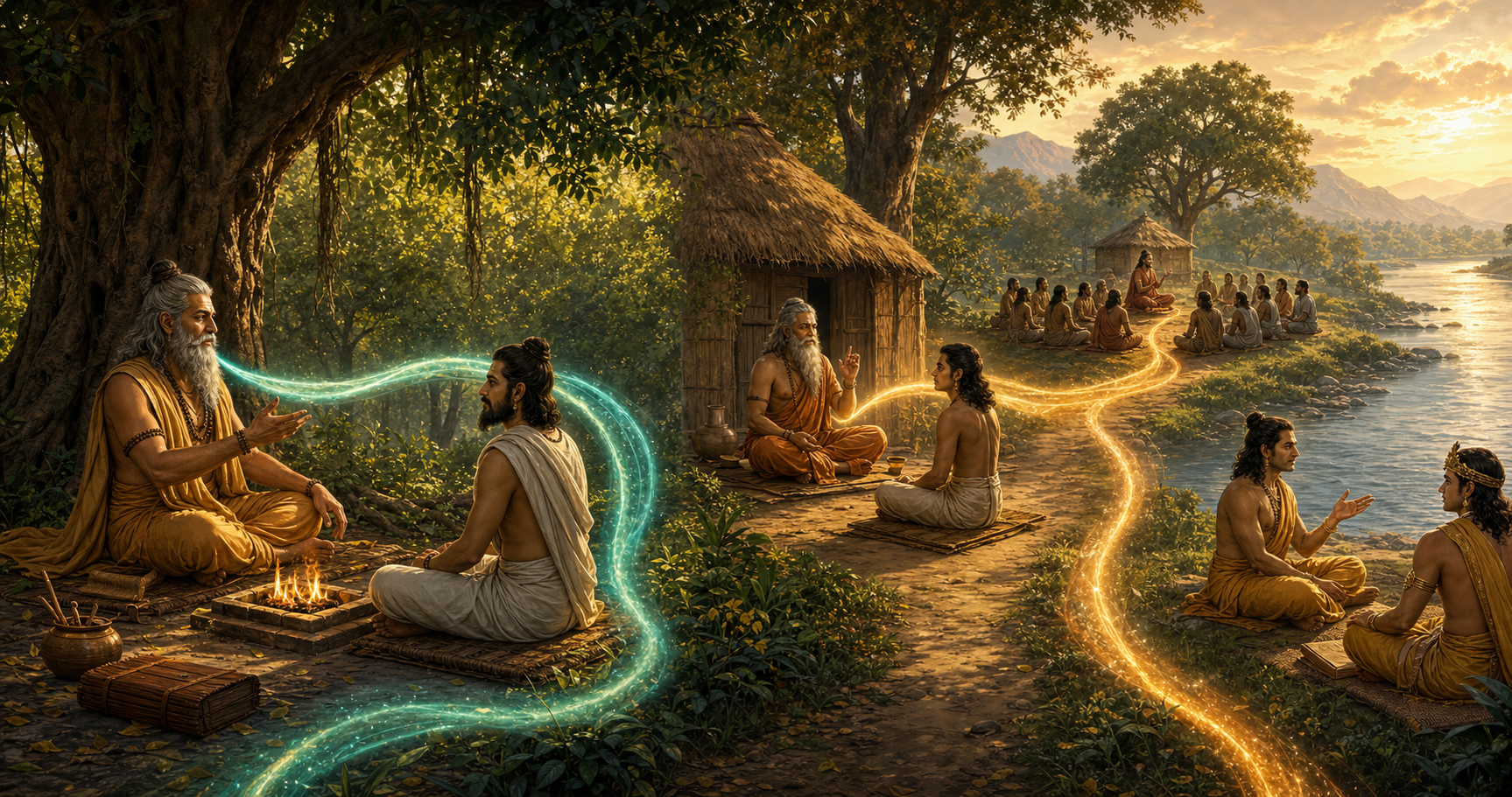 Parashara teaches Maitreya in one group, while Vyasa, Shukadeva, Parikshit, Suta, and assembled sages form a second sequence of oral teaching.