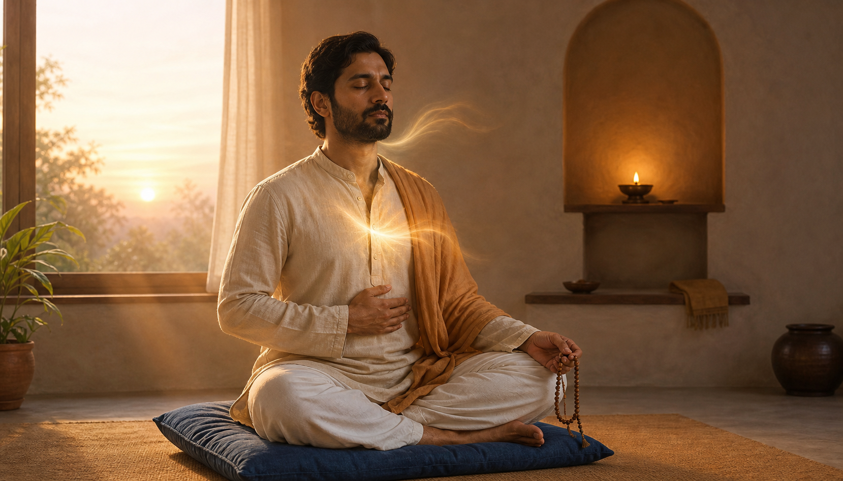 A person sits upright on a meditation cushion at dawn, holding wooden prayer beads beside a softly glowing oil lamp.