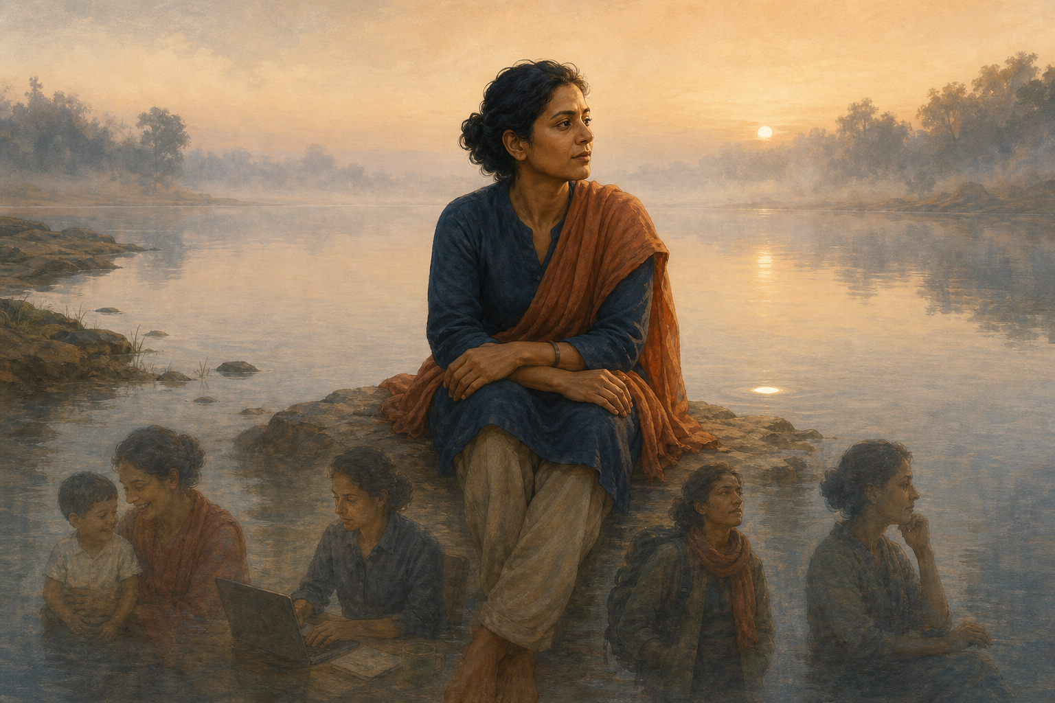 A South Asian adult sits beside a river at dawn while several subtle reflections show different aspects of the same person's life.