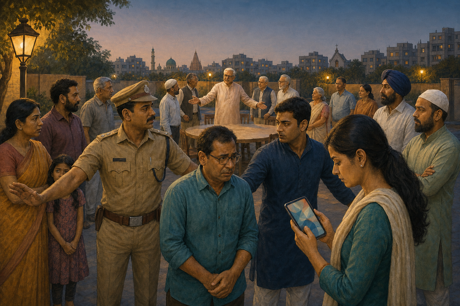 Residents, community elders, volunteers, and a police officer respond calmly to a tense situation in a diverse Indian neighborhood courtyard.