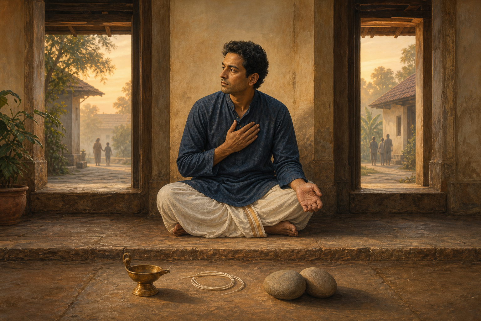 An adult sits in reflection at a courtyard threshold between two passageways, with a brass lamp, a loop of thread, and two stones in the foreground.