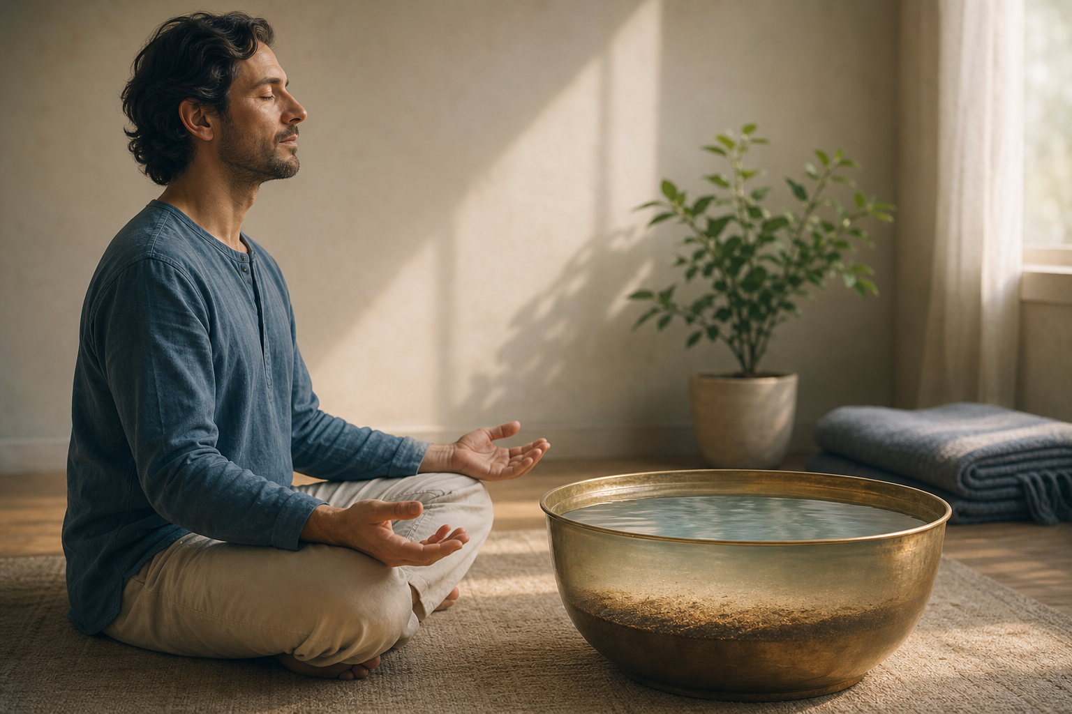 A relaxed meditator sits beside a brass bowl in which sediment is settling beneath clear water.