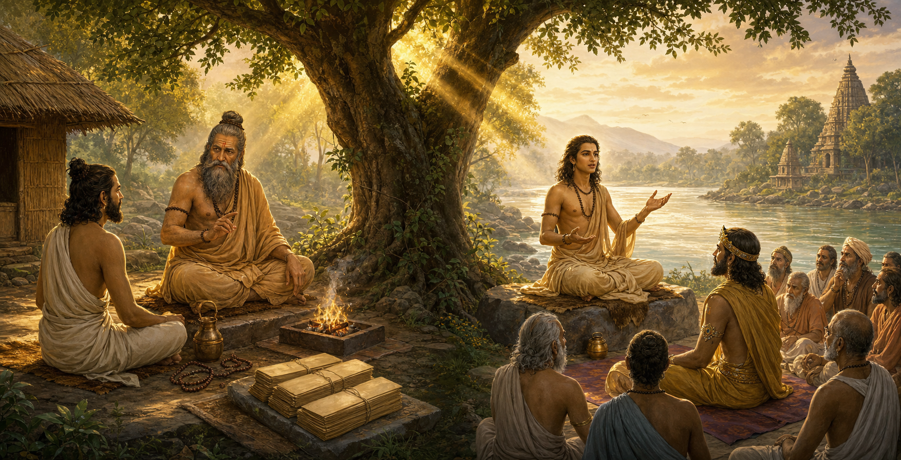 Parashara teaches a disciple beside a hermitage fire while Shukadeva addresses King Parikshit and other listeners on a riverbank.