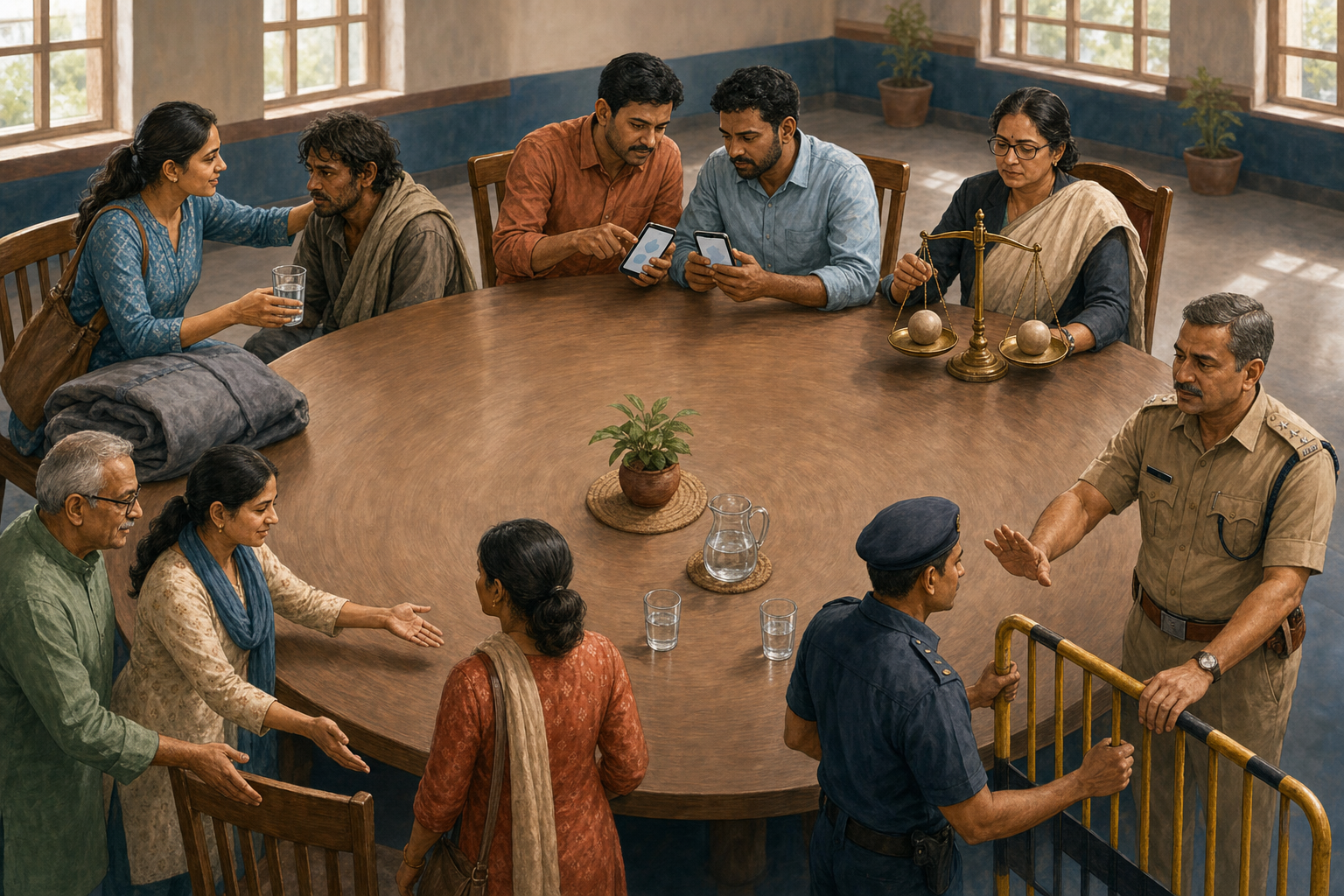 Five groups around a circular civic table protect a resident, verify evidence, apply an equal standard, restrain force, and include an unheard neighbor.