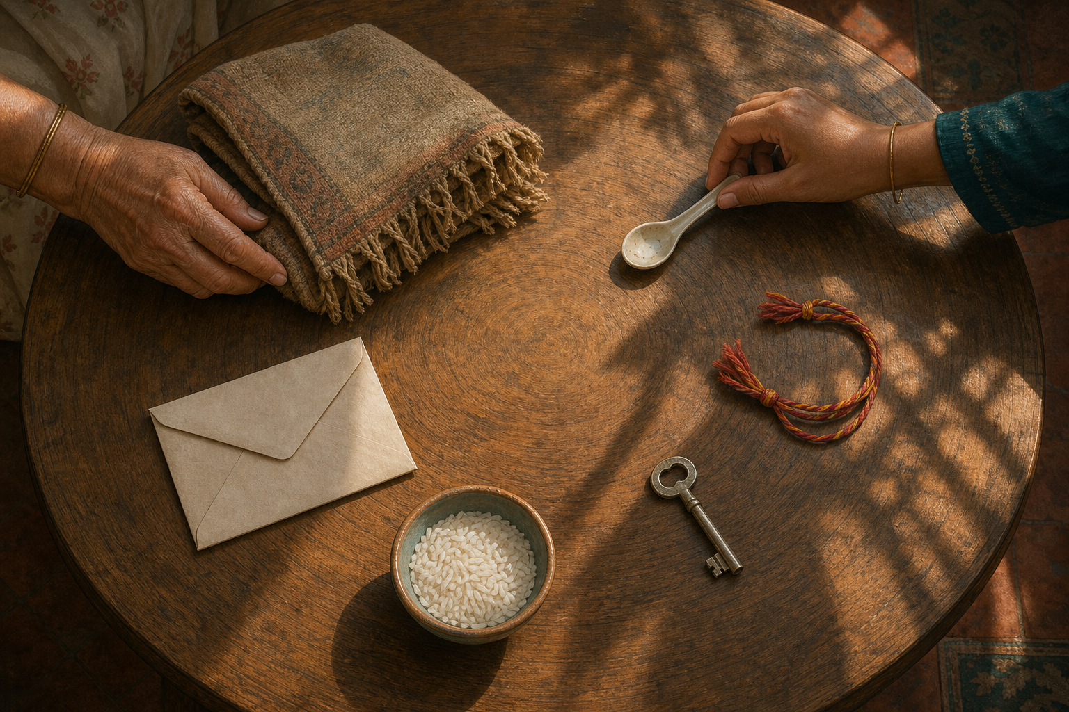 Two hands arrange a shawl, medicine spoon, thread, key, rice bowl, and plain envelope around an empty space on a round wooden table.