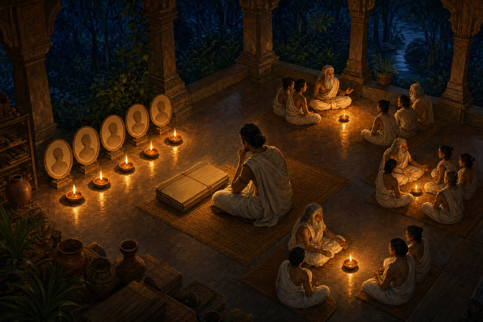 A reader examines two complementary visual arrangements, one showing successive generations and the other showing groups of teachers and listeners.