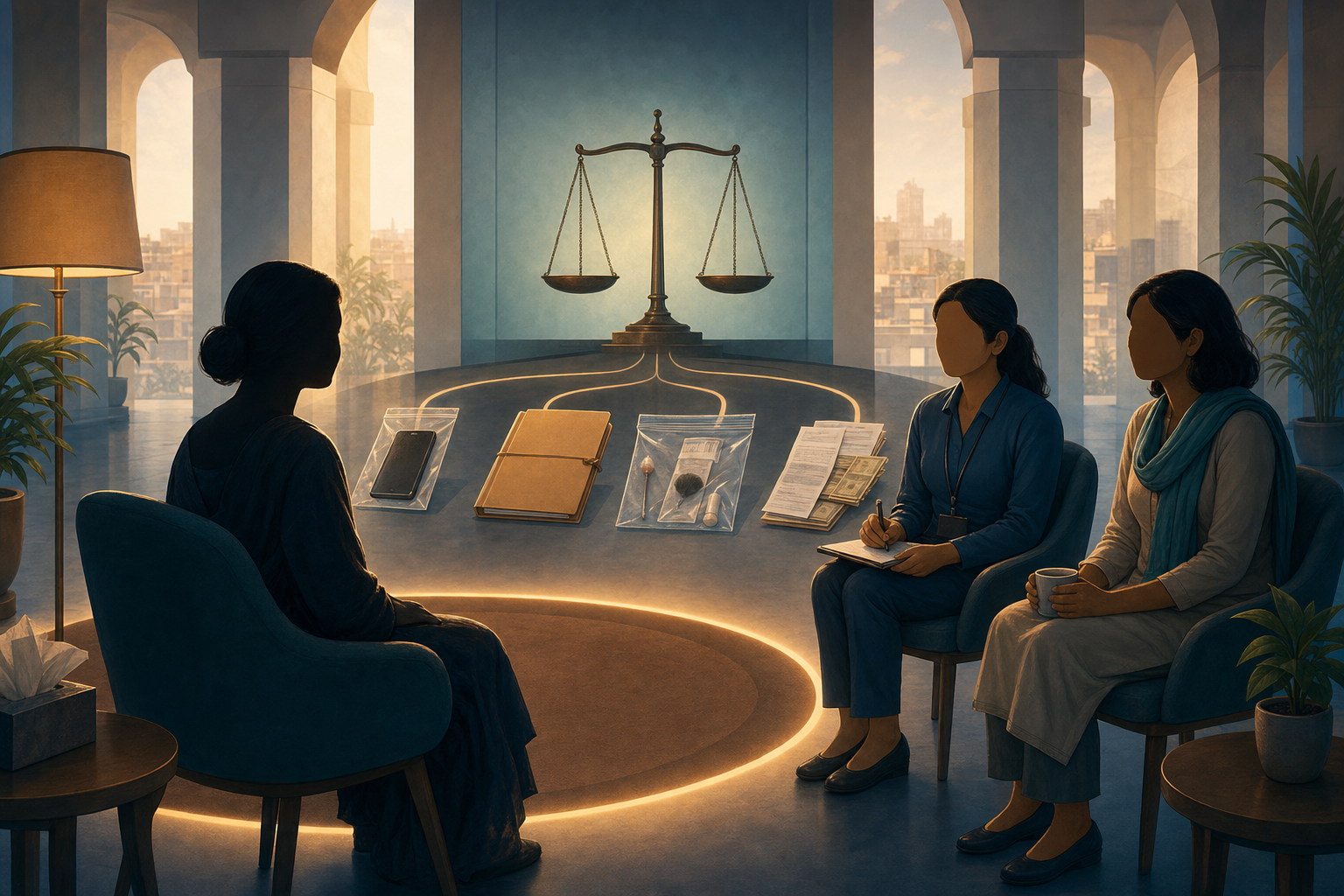 An anonymous survivor sits with an investigator and support advocate while secured evidence leads toward scales of justice in the background.