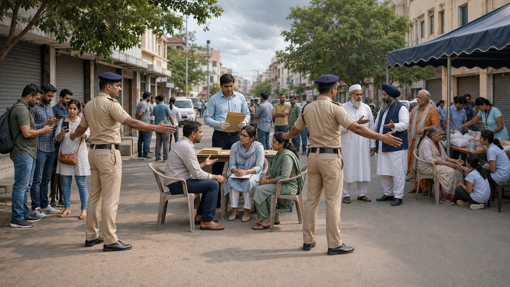 Police, civic officials, journalists, volunteers, and community leaders carry out different protective and fact-finding duties along one neighborhood street.