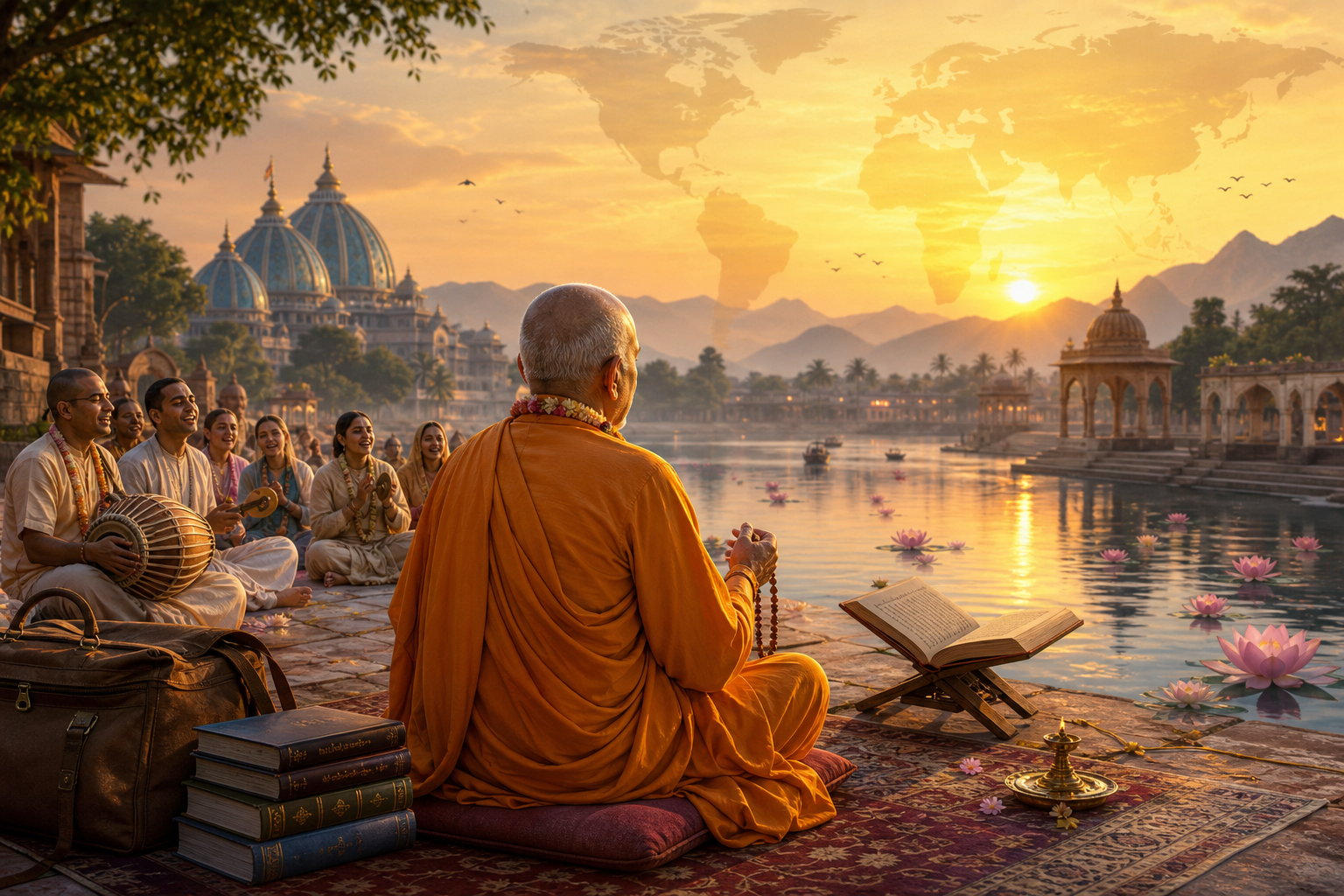 Saffron-robed Vaishnava teacher leading dawn devotion by the Ganges with devotees, scriptures, lotus flowers, and temple silhouettes