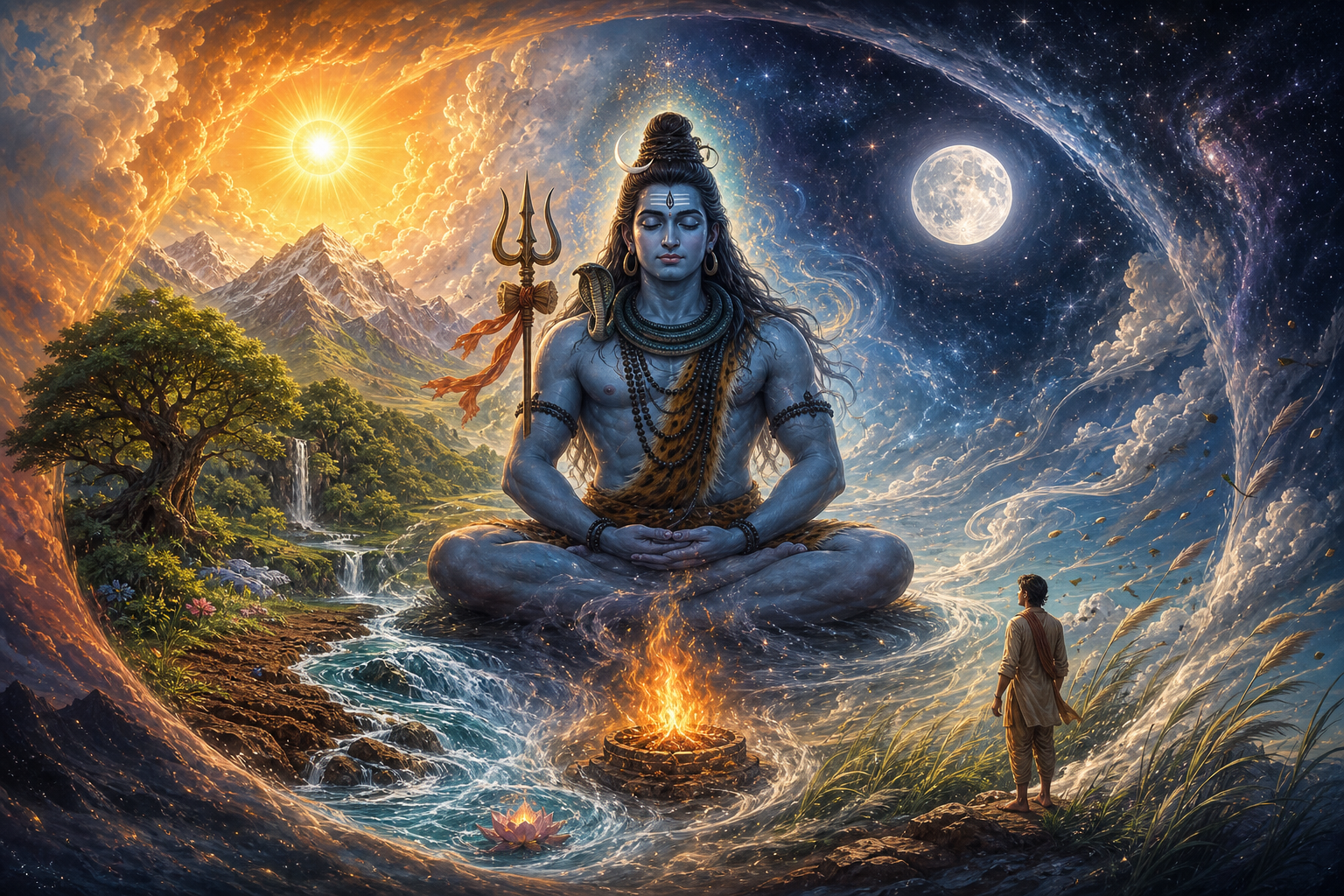Shiva meditates at the center of a cosmic landscape containing earth, water, fire, air, space, the sun, the moon, and a conscious human figure.