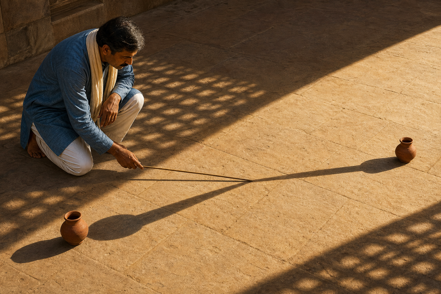 A kneeling man compares two separate clay vessels whose long shadows appear to meet across a sunlit courtyard floor.