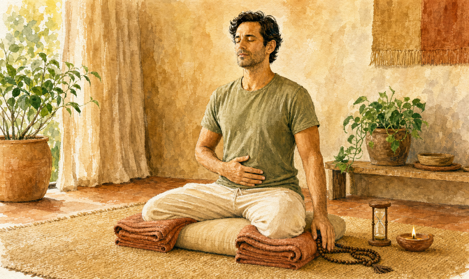 A seated person practices gentle abdominal breathing with supported knees, wooden prayer beads, a lamp, and an unmarked sand timer nearby.