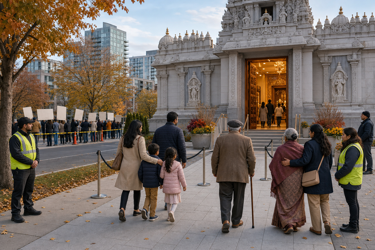 A multigenerational group of Hindu devotees follows a clear protected route past police and community volunteers to the open entrance of a temple in a Canadian city.