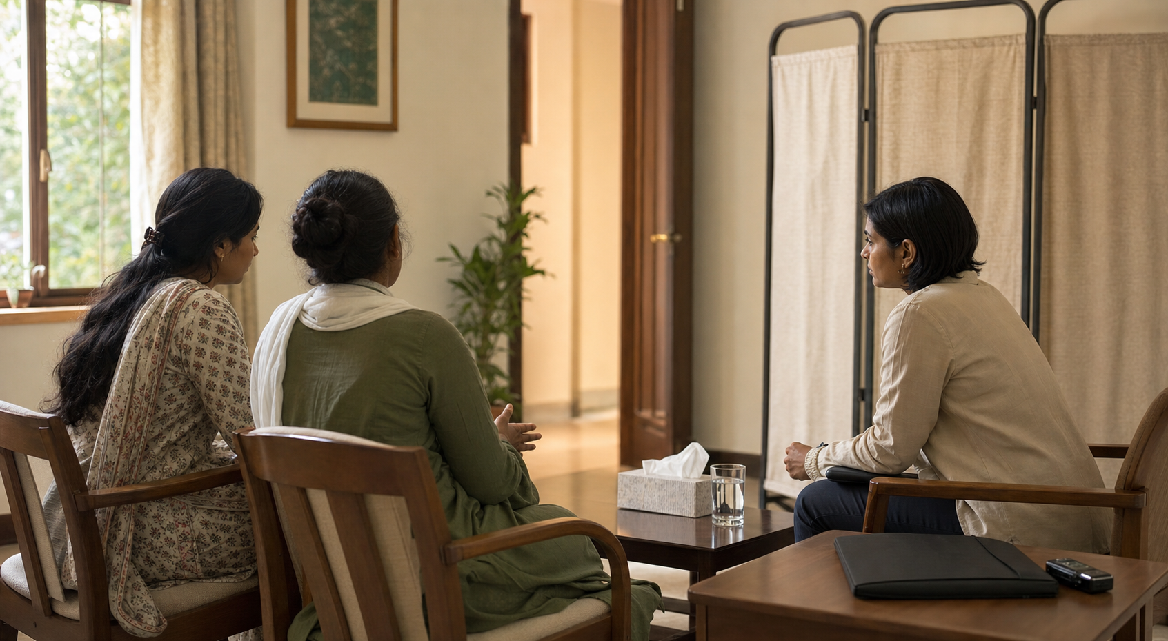 An anonymous survivor meets an investigator and support advocate in a private, calm interview room with an unobstructed exit.