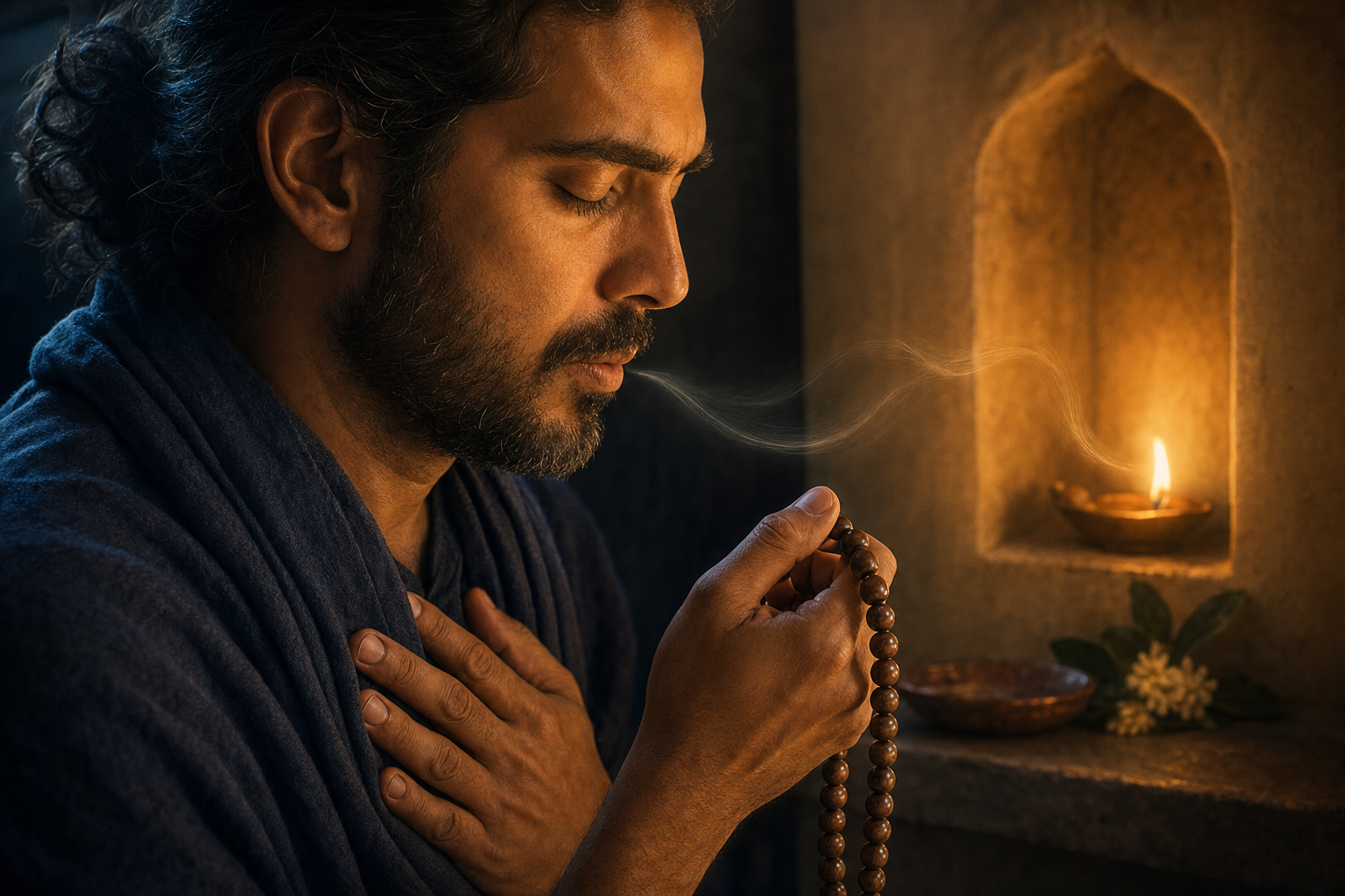 A person chants softly while holding wooden prayer beads, with one hand over the heart and an oil lamp glowing nearby.