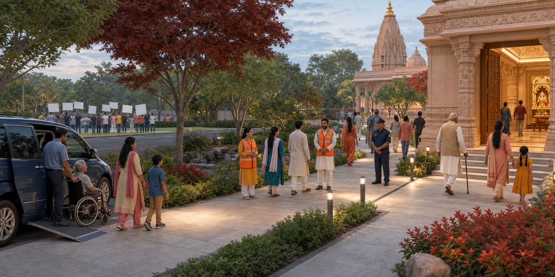 A continuous protected route connects an accessible vehicle, a monitored sidewalk and the open doorway of a Hindu temple for families and elderly devotees.