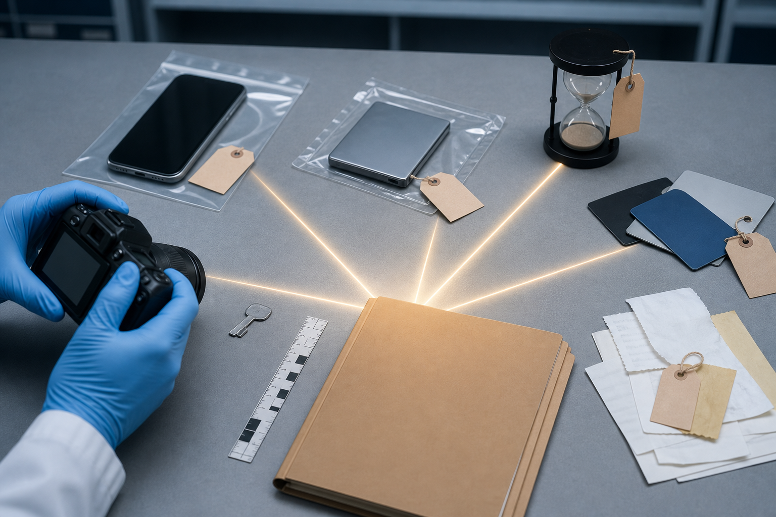 Digital devices, physical evidence and anonymized financial materials are preserved and organized on a forensic worktable.