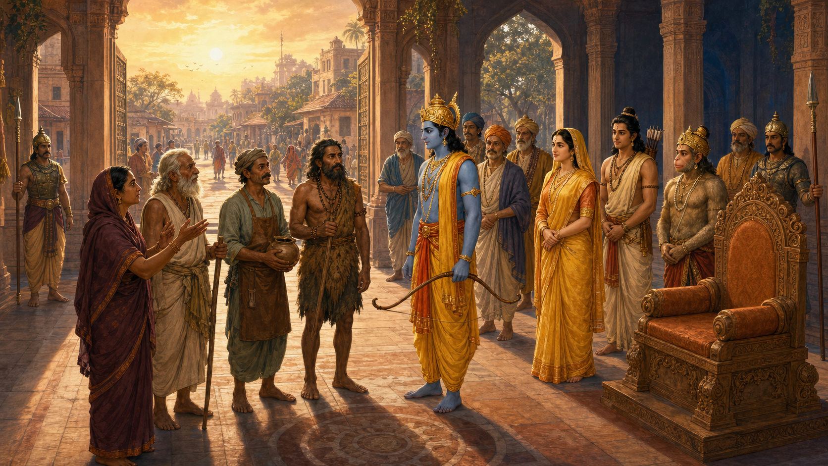 An illustrated open court in Ayodhya where Rama stands beside an empty throne and listens to citizens, with Sita, Lakshmana, Hanuman, advisers, and guards nearby.