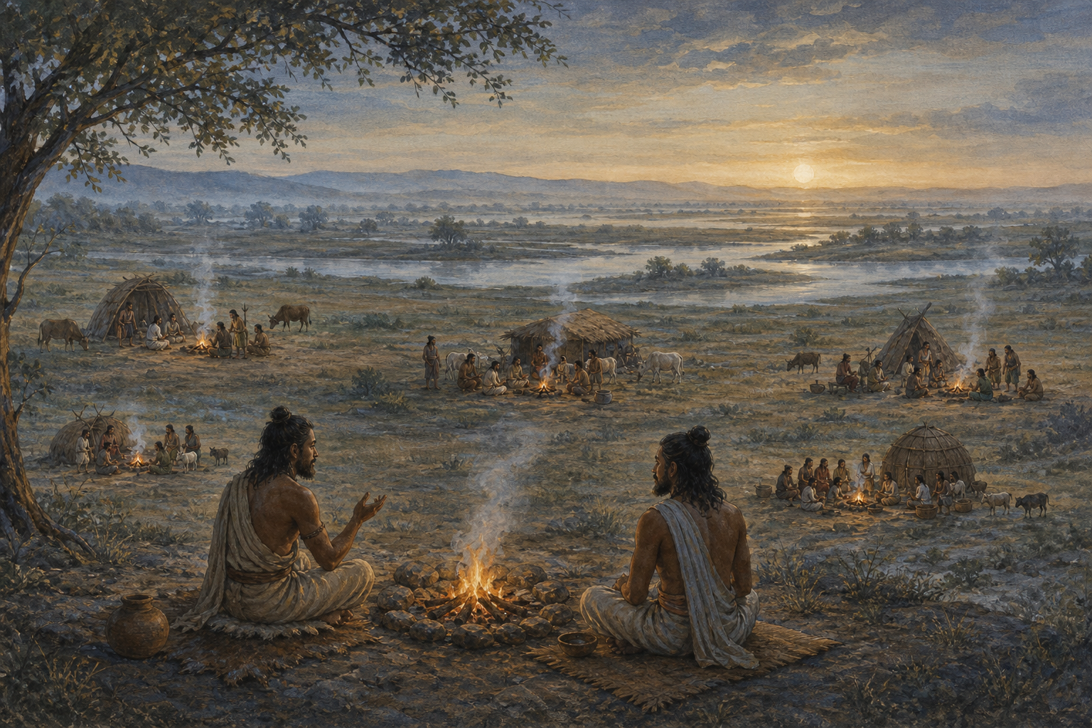 Five small communities occupy different parts of a river plain while two oral poets sit beside a ritual fire in the foreground.