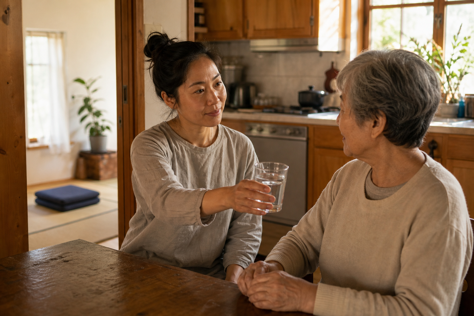 A calm adult offers a cup of water to an older family member while a meditation cushion is visible in the next room.