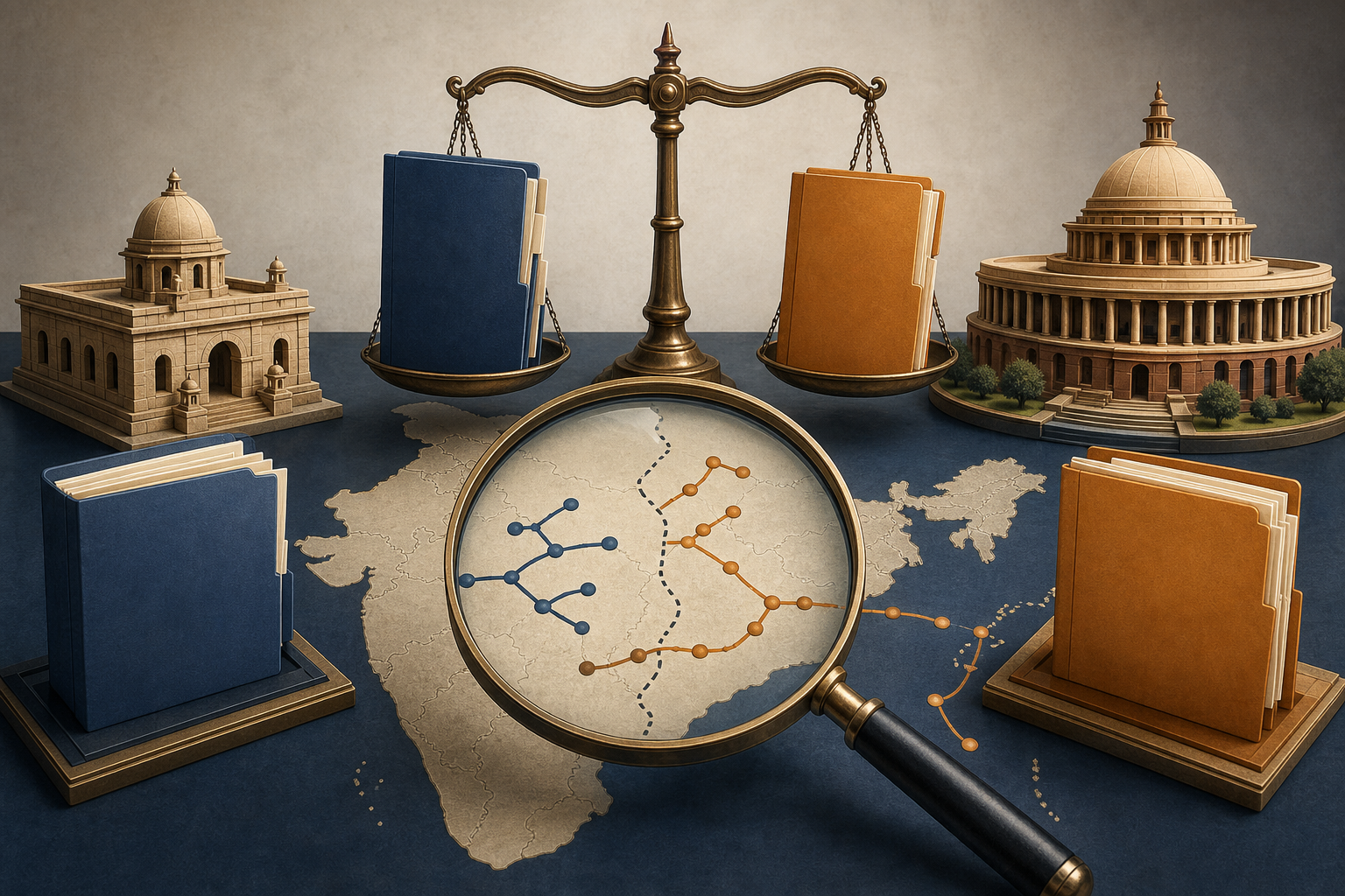A magnifying glass examines evidence paths between local and national institutions beside balanced scales and an unlabeled map of India.